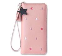 NICECONE Pink Girls Zipper Purse, Long Wallet with Embroidery Hearts Tassels Cute Star Pendant, Slim Long PU Leather Coins Wallet Credit Card Holder for Teens Girls Women