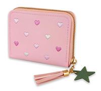 NICECONE Pink Girls Zipper Purse, Short Wallet with Embroidery Hearts Tassels Cute Star Pendant, Slim Short Small PU Leather Coins Wallet Credit Card Holder for Teens Girls Women