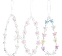 NICECRAFT 3 Pcs Beaded Phone Bracelet Pearl Butterfly Flower Crystal Charm Mobile Phone Case Wrist Strap Lanyard Keychain (White Pink Purple)