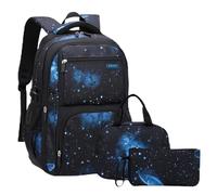 NICECY Fashionable and trendy lightweight student backpack three piece set including lunch bag stationery bag large capacity backpack for junior high school students(black-blue)