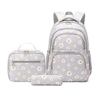 NICECY Student Backpack Set with Lunch Bag and Pencil Case Three-Piece Backpack Set Lightweight Travel Backpack Suitable for Teenagers and Secondary School Students (Daisy-grey)