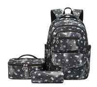 NICECY Student Backpack Set with Lunch Bag and Pencil Case Three-Piece Backpack Set Lightweight Travel Backpack Suitable for Teenagers and Secondary School Students (Star-black)