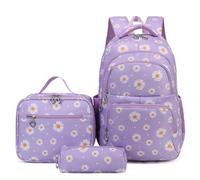 NICECY Student Backpack Set with Lunch Bag and Pencil Case Three-Piece Backpack Set Lightweight Travel Backpack Suitable for Teenagers and Secondary School Students (Daisy-purple)