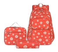 NICECY Student Backpack Set with Lunch Bag and Pencil Case Three-Piece Backpack Set Lightweight Travel Backpack Suitable for Teenagers and Secondary School Students (Red-orange)