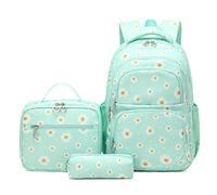 NICECY Student Backpack Set with Lunch Bag and Pencil Case Three-Piece Backpack Set Lightweight Travel Backpack Suitable for Teenagers and Secondary School Students (Daisy-green)