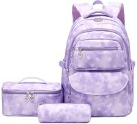 NICECY Student Backpack Set with Lunch Bag and Pencil Case Three-Piece Backpack Set Lightweight Travel Backpack Suitable for Teenagers and Secondary School Students (Star-purple)