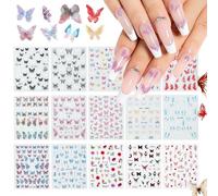 NICEDECO 15 Sheets Butterfly Nail Art Stickers Decals, 3D Self-Adhesive Stickers Colorful Ultralight Water-Proof Stickers, Nail Art Design Decoration Accessories