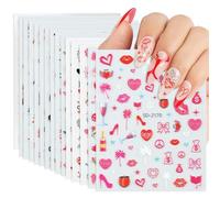 NICEDECO 15 Sheets Valentine's Day Nail Art Stickers Decals, 3D Heart Self-Adhesive Stickers Colorful Ultralight Water-proof Stickers, Nail Art Design Decoration Accessories