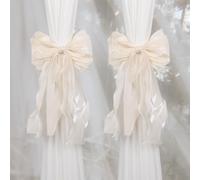 NICEEC 2 Pack French Silky Bow Curtain Tiebacks Elegant Lace Ribbon Decorative Drape Tie Backs Double Layer Handmade Butterfly Knot Curtain Holdbacks for Home Wedding Window Drapery Decor (Beige)