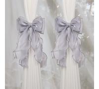 NICEEC 2 Pack French Silky Bow Curtain Tiebacks Elegant Lace Ribbon Decorative Drape Tie Backs Double Layer Handmade Butterfly Knot Curtain Holdbacks for Home Wedding Window Drapery Decor (Grey)