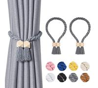 NICEEC 2 Pack Wooden Rubik Magnetic Curtain Tiebacks Boho Home Decor Drape Tie Backs Natural Cotton Hand Woven Rope Curtain Holdbacks for Thin & Thick Home & Office Window Draperies (Grey)