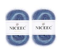 NICEEC 2 Skeins Fancy Mohair Yarn, Fluffy & Fuzzy, Soft & Luxurious & Thin, Colorful & Gradient, Self-Striping Cake Mohair Blend Yarn for Crochet & Knitting, Total 3.53oz/438yds - Deep Blue
