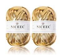 NICEEC 2 Skeins Metal T-Shirt Yarn, Bright, Glossy, Crochet & Knitting, Fabric Cloth Yarn with Double-Side Color, Handmade DIY Craft Bag Basket Cushion-Totle Length 64yds(7.1oz) - Gold