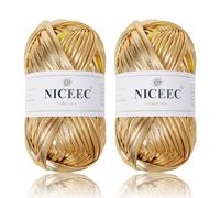 NICEEC 2 Skeins Metal T-Shirt Yarn, Bright, Glossy, Crochet & Knitting, Fabric Cloth Yarn with Single-Side Color, Handmade DIY Craft Bag Basket Cushion-Totle Length 64yds(7.1oz) - Gold