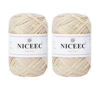NICEEC 2 Skeins Soft Tape Yarn, Easy Crohcet Raffia, Crochet & Knitting, Paper Ribbon Yarn for DIY Craft Gift Wrapping Total Length 1.76oz×2/109yds×2 - Off-White