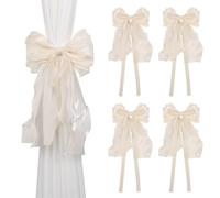 NICEEC 4 Pack French Silky Bow Curtain Tiebacks Elegant Lace Ribbon Decorative Drape Tie Backs Double Layer Handmade Butterfly Knot Curtain Holdbacks for Home Wedding Window Drapery Decor (Beige)