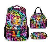 NICEFORNICE Students Backpack with Lunch Box, 3PCS Tiger School Backpacks Matching Combo for Elementary, Aesthetic Leopard Print Bookbag and Pencil Pouch Bundle