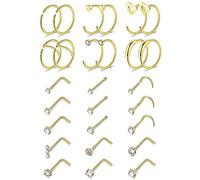 NICEIGHT 27Pcs 22G Stainless Steel Nose Rings for Women Men Nose Rings Hoops L Shape Nose Studs Screw Nose Piercings Jewelry Set, Metal, cubic zirconia