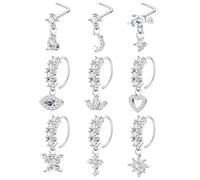 NICEIGHT 9Pcs 20G Surgical Steel Gold Dangle Nose Ring for Women Men L Shaped Dangling Nose Stud Moon Star Indian Charm Nose Hoop Set CZ Flower Heart Butterfly Dangle Nose Piercing Jewelry S-B