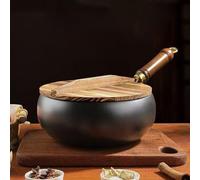 Niceminiwall Hand Forged Iron Pot, Big Uncoated Cast Iron Pan for Stovetop and Induction Cooking, Heavy Duty Kitchen Fry Pan with Excellent Heat(28cm Pot+Wooden lid)