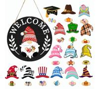 Niceminiwall Interchangeable Wooden Gnome Decor Welcome Sign with 15 Magnetic Hats Seasonal Accessories Colorful 12 x 12 Inches for Home Mantle Tray Shelf All Year Festive Decoration(MZ979B)