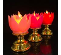Niceminiwall LED Lotus Lamp with Golden Base - Colorful Simulated Candle for Home Decor, Weddings, Buddhist Ceremonies, Featuring Guanyin and God of Wealth - Red(cream-colored)