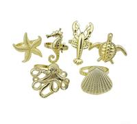 Niceminiwall Theme Napkin Ring Set 6-piece Set - Starfish, Shell, Lobster, Turtle, Seahorse, Octopus Metal Napkin Ring Suitable For Table Decoration(Gold)