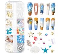 NICENEEDED 1 Box Ocean Themed Nail Decorations Kit, Assorted Sea Shells Conch Starfish Nail Art Charm, Various Shapes Nail Jewels Rhinestones for DIY Nail Design Patches