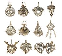 NICENEEDED 10 PCS Cage Charms Brass Locket Charms, Crystal Necklace Holders Bronze Hollow Spiral Bead, Cages Lotus Tree of Life Charms for Jewelry Making DIY Necklaces Crafts
