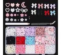NICENEEDED 1000 Pcs 3D Nail Charms, Mix Bow Nail Charm, Assorted Color Bowknot Nail Decorations Heart Flower Resin Nail Jewels Bulk Cute Pearl Star Moon Nail Decor with Pickup Tool for Women Nail DIY