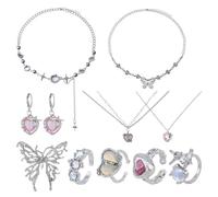 NICENEEDED 11 PCS Gothic Necklace Jewelry Set, Y2k Star Moonstone Necklace Irregular Heart Butterfly Necklaces, Cubic Butterflies Ring Punk Stacking Rings Adjustable Accessories