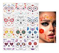NICENEEDED 12 Sheets Halloween Face Temporary Tattoos, Day of the Dead Skull Sugar Floral Face Sticker, Black Sleleton Red Roses Mask Stickers for Party Supplies