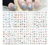 NICENEEDED 12 Sheets Summer Ocean Nail Stickers, Starfish Seashell Self Adhesive Nails Decals, Sea Animals Mermaid Nail Art Supplies for Women Manicure Decorations