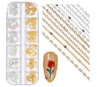 NICENEEDED 12 Strips Metal Nail Art Chains, Silver Gold Nail Jewelry Chains with Box, Alloy Nail Chains Punk Nail Charms Nail Ornaments Nail Jewels Nail Art Studs for Manicure Decoration