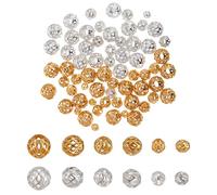 NICENEEDED 120 Pcs Real 18K Gold Silver Plated Hollow Beads, 3 Sizes Round Filigree Beads Charms Brass Metal Spacer Beads for DIY Crafts Bracelets Necklaces Earrings Jewelry Making, 4/6/8mm