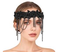 NICENEEDED 1920s Flapper Headpiece, Roaring 20s Headband Crystal Decorative Headband Chain, Black Flapper Vintage Hair Accessory for Women