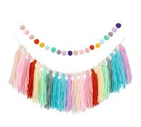 NICENEEDED 2 PCS Boho Tassel Garland Decor, Rainbow Pom Pom Ball Decor Colorful Felt Ball Garland, Pastel Hanging String Decorations for Birthday Party Bedroom Home Shower