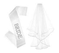 NICENEEDED 2 PCS Bride Sash Wedding Veil, Bride Pearl Satin Sash Bachelorette Party Sash and Veil, White Bridal Shower Decorations Kit for Wedding Engagement
