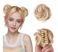 NICENEEDED 2 PCS Bun Hair Piece, Mini Messy Cat Ears Claw Clip in Hair Deep Blonde Chignon Extension Donut Wig, Curly Bun Scrunchies Hairpieces for Women