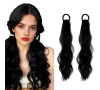 NICENEEDED 2 PCS Curly Ponytail Extension with Elastic Tie, 45 CM Synthetic Natural Wavy Hairpiece, Black Wave Fake Ponytail Hairpieces for Women Daily Wear
