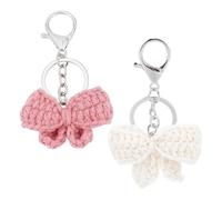 NICENEEDED 2 PCS Cute Crochet Bow Keychain, Pink White Coquette Aesthetic Bag Charms Pendant, Crochet Plush key Chain for Women Purse Handbags