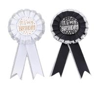 NICENEEDED 2 PCS Happy Birthday Button Pins, 16 x 8 cm It's My Birthday Pins Satin Badge Brooch, White Black Ribbon Brooch for Birthday Party Decorations Prize