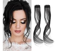 NICENEEDED 2 PCS Long Side Air Bangs, Natural Black False Fringe, Wavy Curly Clip in Thin Air Hair Synthetic Dragon Beard Extensions for Women Halloween