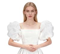 NICENEEDED 2 PCS Removable Puff Sleeves, White Polyester Detachable Organza Bridal Sleeve, Short Plain Wedding Accessories Sleeve Covers for Dress Bridal