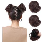 NICENEEDED 2 PCS Space Bun Hair Pieces, Mini Claw Clip in Messy & Cat Ears Fake Hair Bun Extensions, Wig Accessory Updo Hairpieces for Women