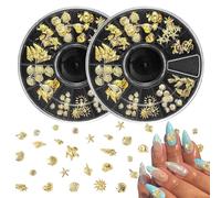 NICENEEDED 2 Round Boxes Gold Shell Seahorse Nail Art Studs, 3D Metal Mixed Shapes Nail Rivets Starfish Conch Nail Rivet, Summer Ocean Theme Designs Nail Supplies for Women DIY Crafts Manicure