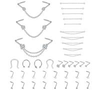NICENEEDED 20G Nose Rings Studs with Chains Set, African Nose Ring Cuff Horseshoe Septum Rings, Star Round Nose Ring Chain Piercing Jewelry Set for Women Men