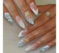 NICENEEDED 24 PCS Almond Press on Nails, Medium Fake Nails Blue White French Tip False Nails with 3D Shell Star Designs, White Ombre Fake Nails for Women Halloween