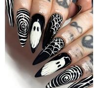 NICENEEDED 24 PCS Black Ghost Halloween Press on Nails, Spiders Black False Nails, Stick On Nails for Women Manicure Decor