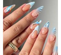 NICENEEDED 24 PCS Blue French Tip Press on Nails, Medium Almond Fake Nails Mermaid False Nails with Summer Designs, Full Cover Glue on Nails for Women Manicure Art